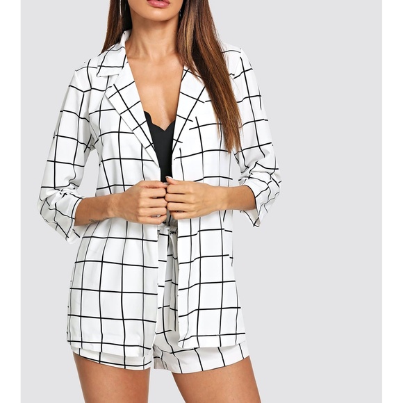 White Black Plaid Blazer and Bow Shorts Coord Set - Picture 3 of 5